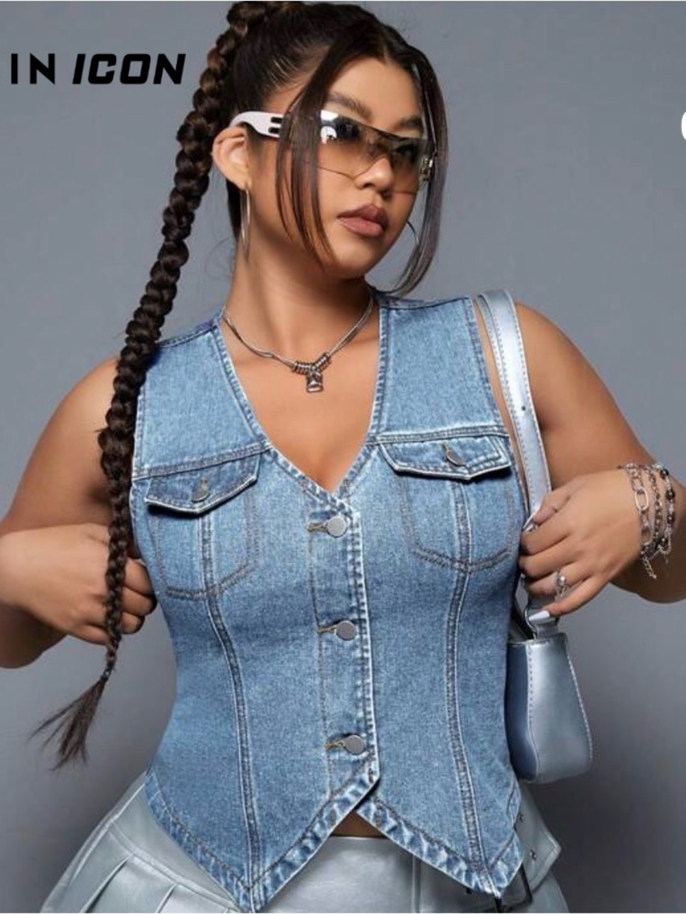 Light Wash Denim Vest with Pointed Hem